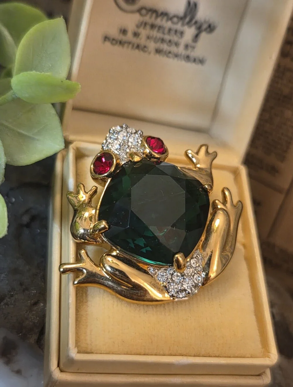 Vintage Swarovski Crystal Frog Brooch with Large Emerald Green Crystal Body
